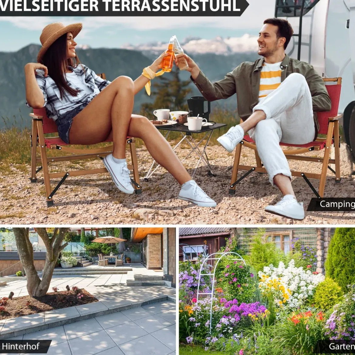 Klappbarer Campingstuhl Tragbarer Niedriger Terrassenstuhl 56 x 54,5 x 65 cm Rot
