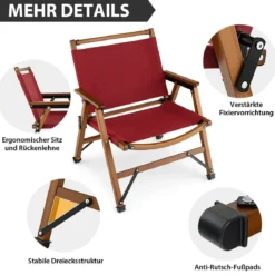 Klappbarer Campingstuhl Tragbarer Niedriger Terrassenstuhl 56 x 54,5 x 65 cm Rot