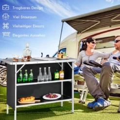 Klappbarer Campingtisch aus Aluminium mit 2-stöckigen Regalen Campingschrank Schwarz