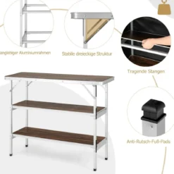 Klappbarer Campingtisch aus Aluminium mit 2-stöckigen Regalen Campingschrank Kaffe