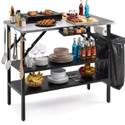 Klappbarer Campingtisch mit 2 Edelstahl Arbeitsplatten Tragbarer Grilltisch mit Gewürzregal