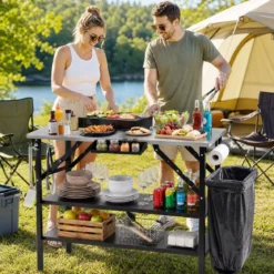 Klappbarer Campingtisch mit 2 Edelstahl Arbeitsplatten Tragbarer Grilltisch mit Gewürzregal