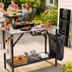 Klappbarer Campingtisch mit 1 Edelstahl Arbeitsplatte Tragbarer Grilltisch mit Gewürzregal