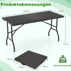 Klappbarer Campingtisch mit HDPE-Tischplatte & Tragegriff Gartentisch Klapptisch 152 x 70 cm