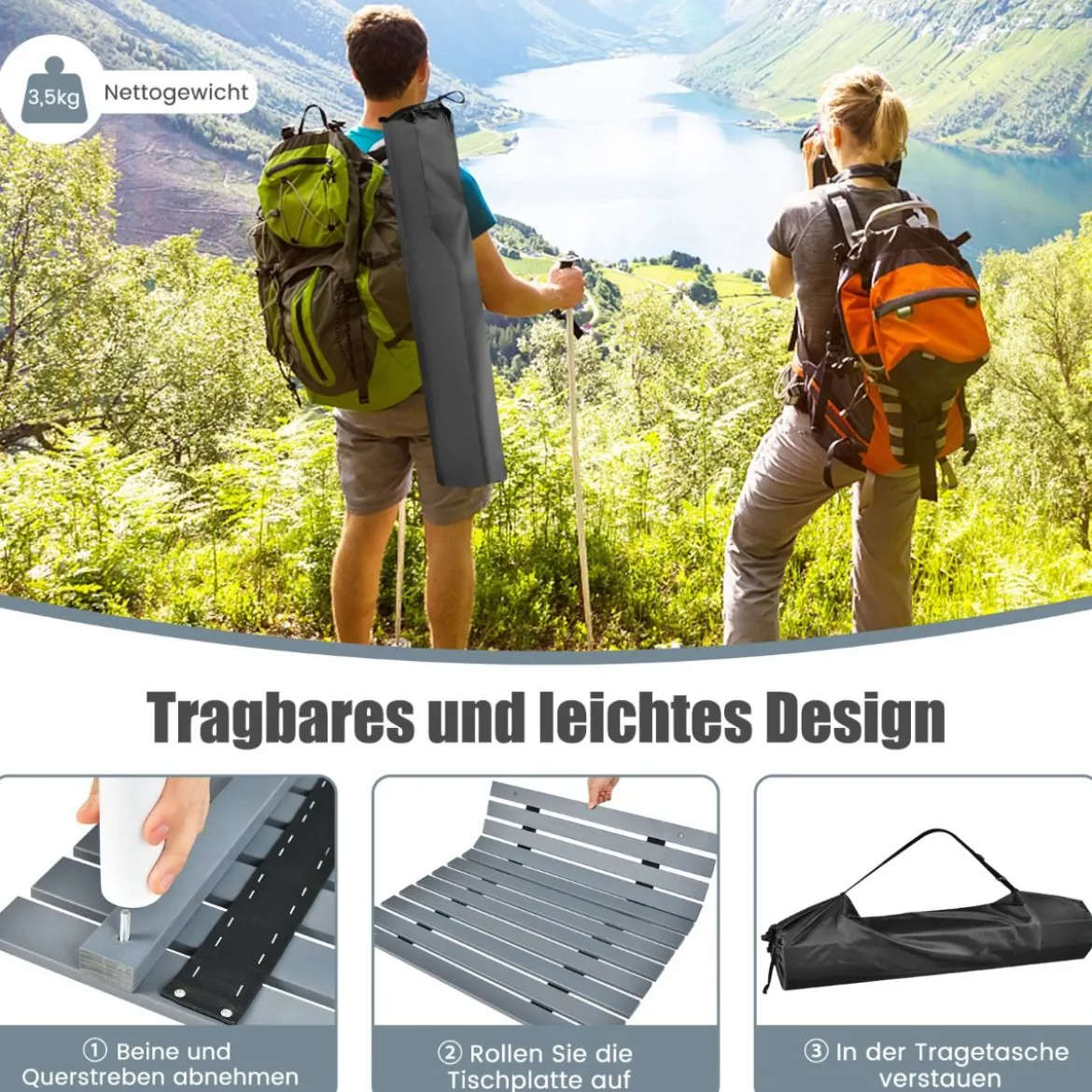 Klappbarer Campingtisch mit Tragetasche für Strand Picknicks & Angelausflüge Grau
