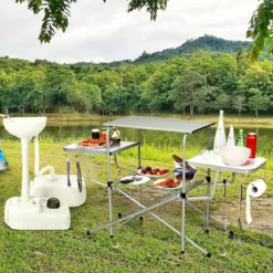 Klappbarer Campingtisch mit Tragetasche Campingküche BBQ Kochstation Falttisch für Grillpartys Silber