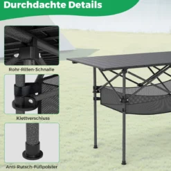 Klappbarer Campingtisch mit Aufrollbarer Aluminium-Tischplatte & Netzkorb Klapptisch Schwarz