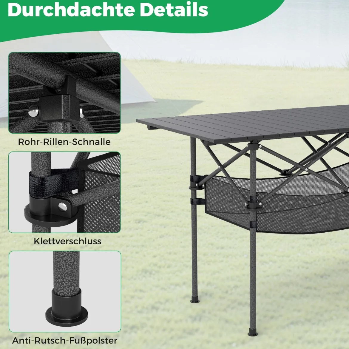Klappbarer Campingtisch mit Aufrollbarer Aluminium-Tischplatte & Netzkorb Klapptisch Schwarz