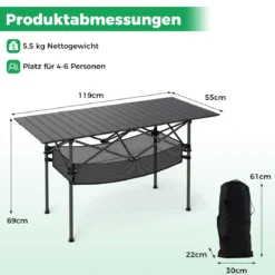 Klappbarer Campingtisch mit Aufrollbarer Aluminium-Tischplatte & Netzkorb Klapptisch Schwarz