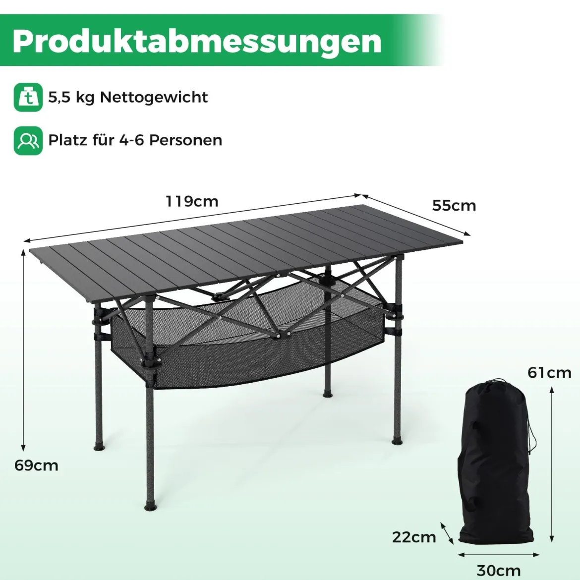 Klappbarer Campingtisch mit Aufrollbarer Aluminium-Tischplatte & Netzkorb Klapptisch Schwarz
