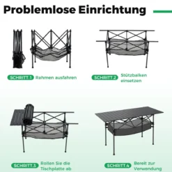Klappbarer Campingtisch mit Aufrollbarer Aluminium-Tischplatte & Netzkorb Klapptisch Schwarz