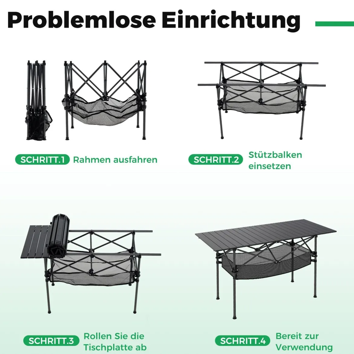 Klappbarer Campingtisch mit Aufrollbarer Aluminium-Tischplatte & Netzkorb Klapptisch Schwarz