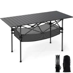 Klappbarer Campingtisch mit Aufrollbarer Aluminium-Tischplatte & Netzkorb Klapptisch Schwarz