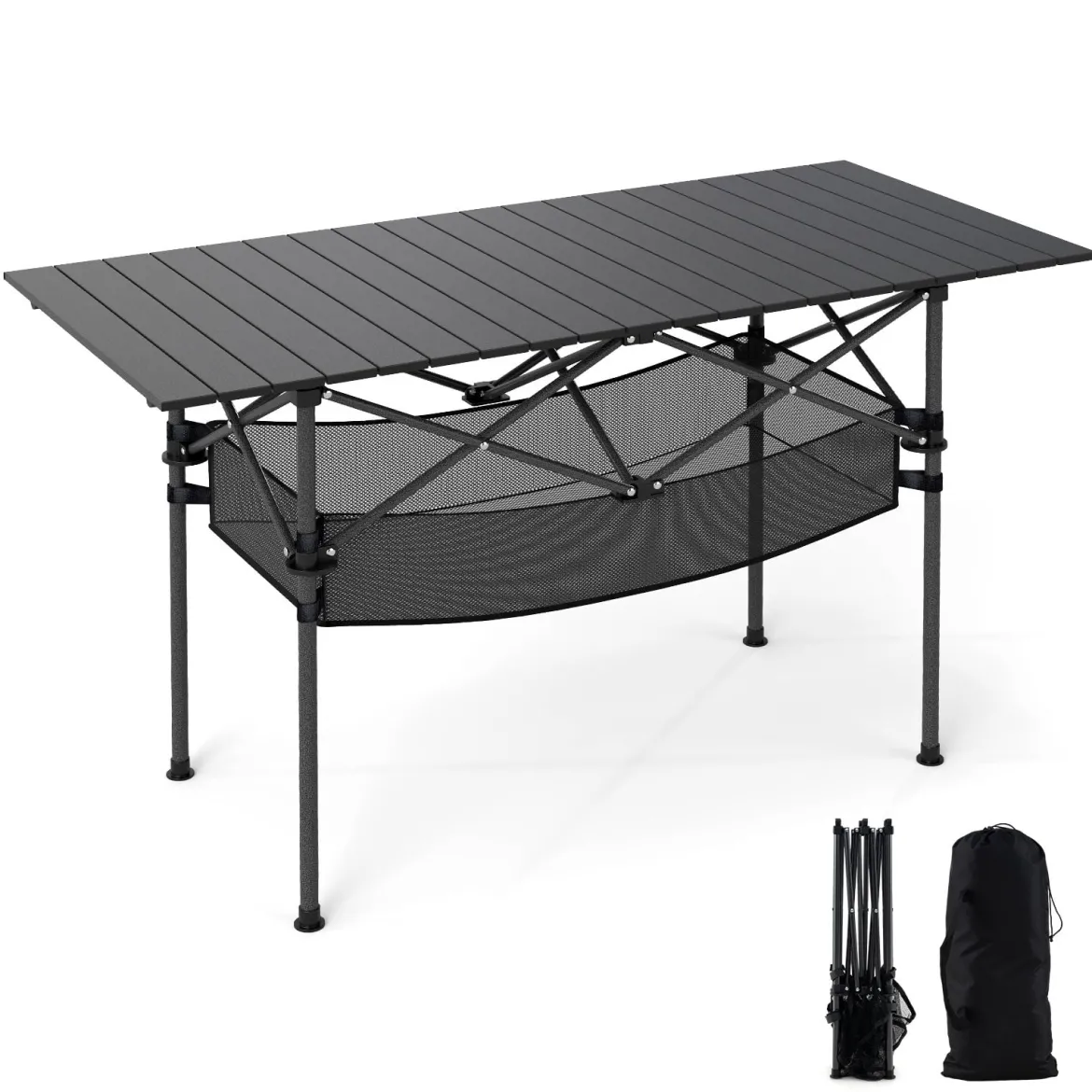 Klappbarer Campingtisch mit Aufrollbarer Aluminium-Tischplatte & Netzkorb Klapptisch Schwarz