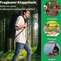 Klappbarer Campingtisch mit Aufrollbarer Aluminium-Tischplatte & Netzkorb Klapptisch Schwarz
