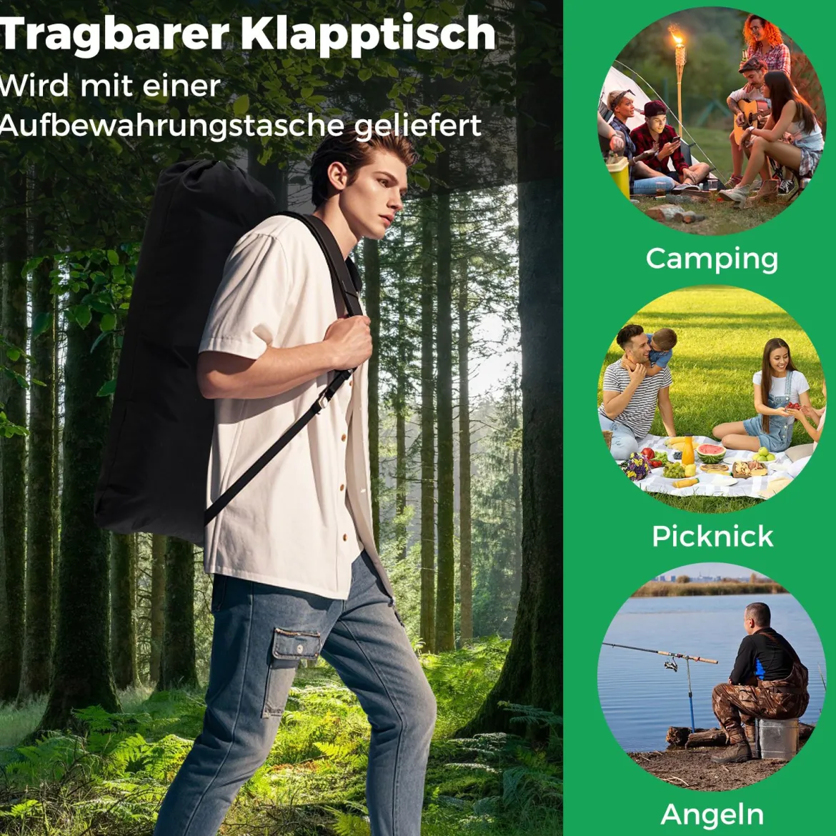Klappbarer Campingtisch mit Aufrollbarer Aluminium-Tischplatte & Netzkorb Klapptisch Schwarz