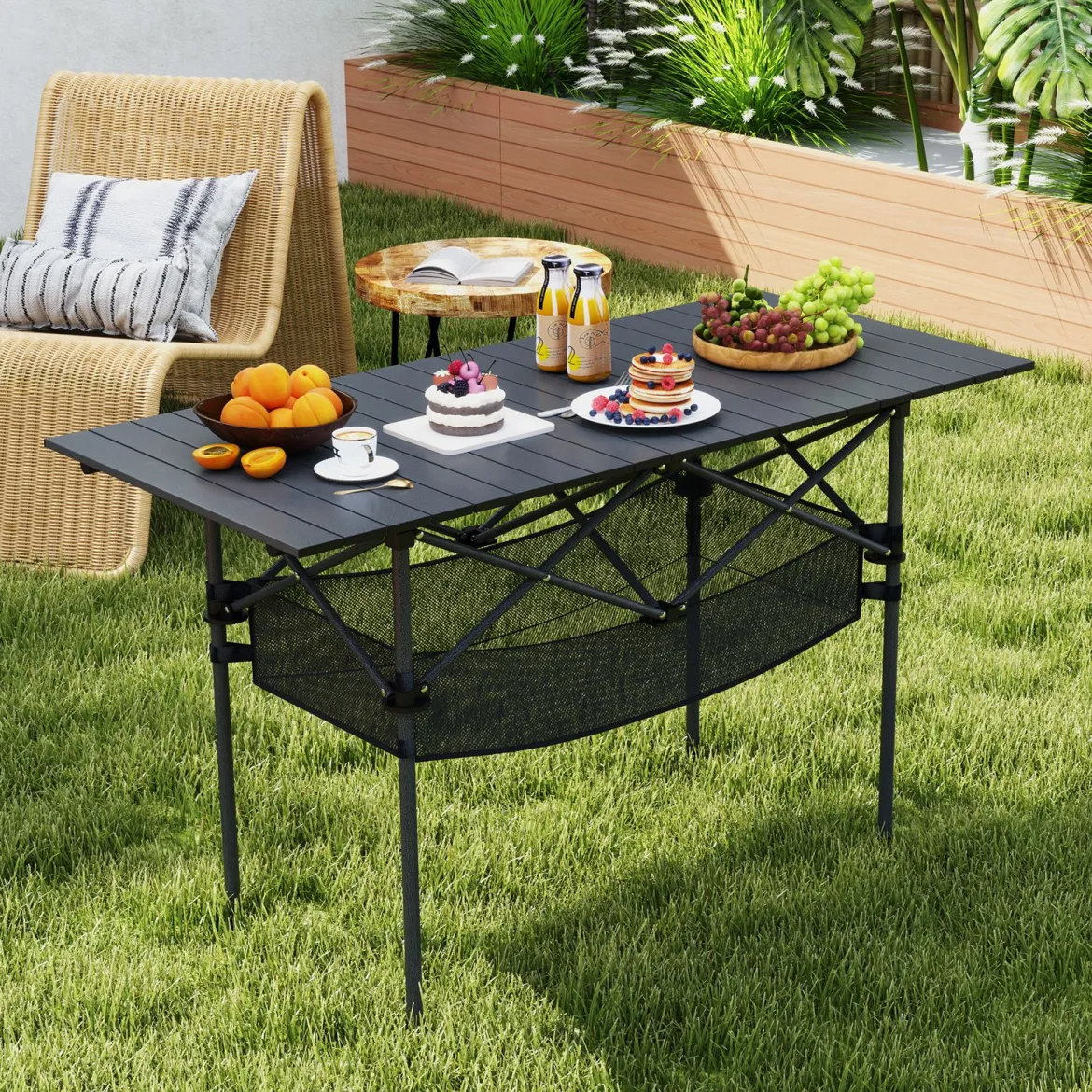 Klappbarer Campingtisch mit Aufrollbarer Aluminium-Tischplatte & Netzkorb Klapptisch Schwarz