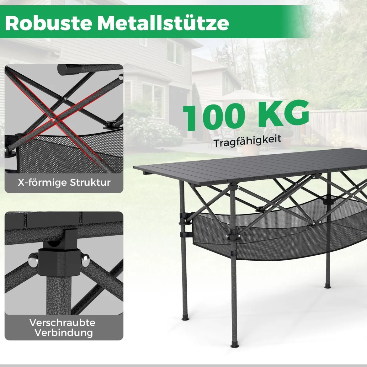 Klappbarer Campingtisch mit Aufrollbarer Aluminium-Tischplatte & Netzkorb Klapptisch Schwarz