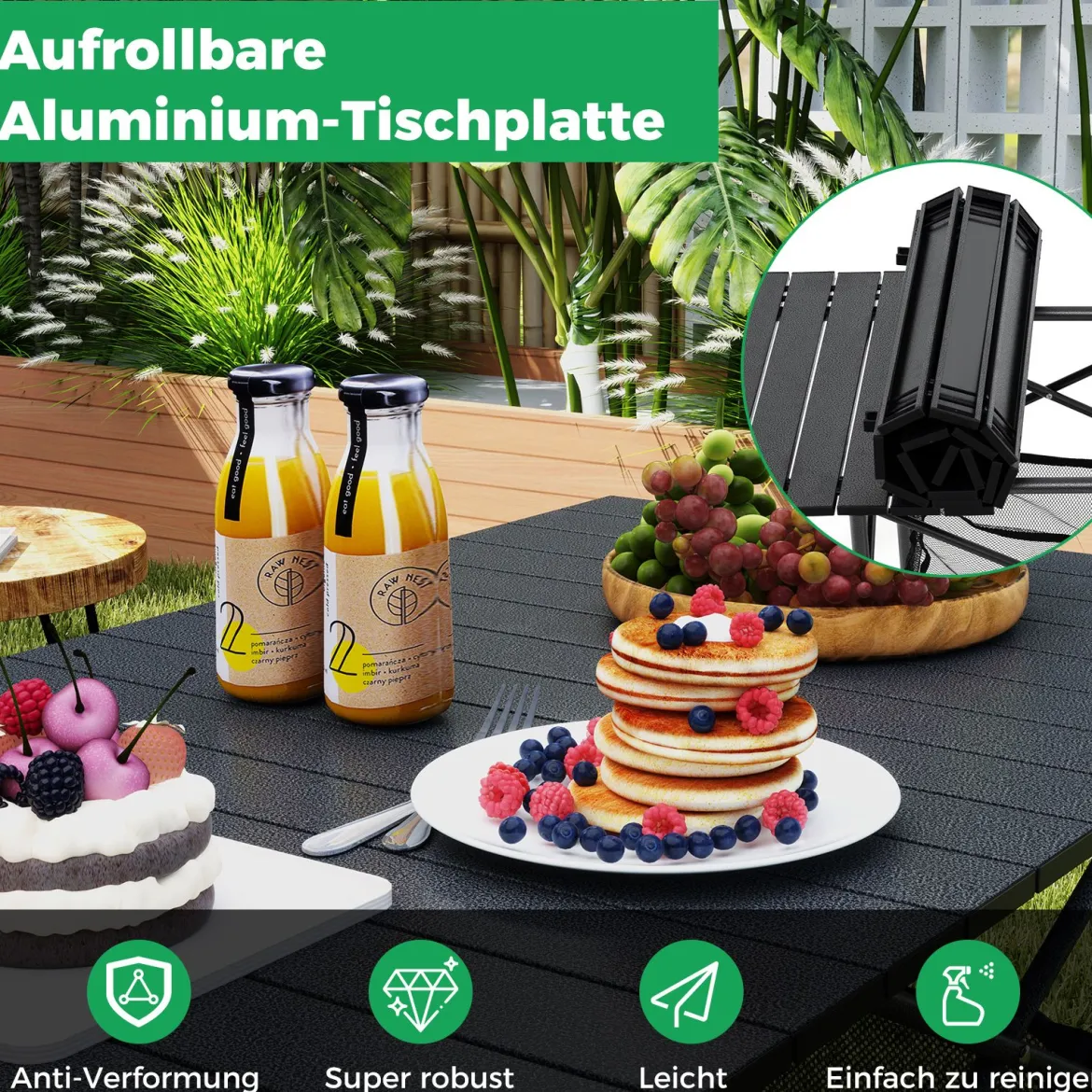 Klappbarer Campingtisch mit Aufrollbarer Aluminium-Tischplatte & Netzkorb Klapptisch Schwarz