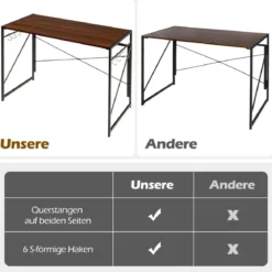 Klappbarer Computertisch Arbeitstisch mit Metallrahmen Laptop-Tisch bis 115 kg belastbar Braun 100 x 50 x 75 cm