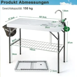 Klappbarer Fischreinigungstisch Filetiertisch mit Spüle Gitterablage 107,5 x 57,5 x 87 cm Weiß