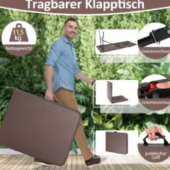 Klappbarer Gartentisch in Rattanoptik mit HDPE-Tischplatte & Tragegriff Campingtisch