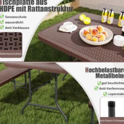 Klappbarer Gartentisch in Rattanoptik mit HDPE-Tischplatte & Tragegriff Campingtisch