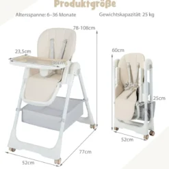 Klappbarer Hochstuhl mit Liegefunktion & Abnehmbarem Doppeltablett Beige