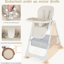 Klappbarer Hochstuhl mit Liegefunktion & Abnehmbarem Doppeltablett Beige