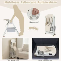 Klappbarer Hochstuhl mit Liegefunktion & Abnehmbarem Doppeltablett Beige