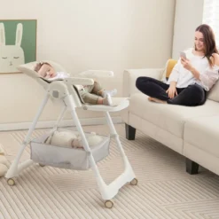 Klappbarer Hochstuhl mit Liegefunktion & Abnehmbarem Doppeltablett Beige
