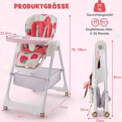 Klappbarer Hochstuhl mit Liegefunktion & Abnehmbarem Doppeltablett Erdbeere