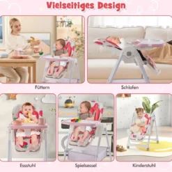 Klappbarer Hochstuhl mit Liegefunktion & Abnehmbarem Doppeltablett Erdbeere