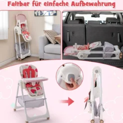 Klappbarer Hochstuhl mit Liegefunktion & Abnehmbarem Doppeltablett Erdbeere