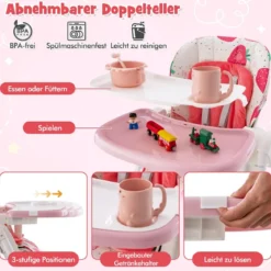 Klappbarer Hochstuhl mit Liegefunktion & Abnehmbarem Doppeltablett Erdbeere