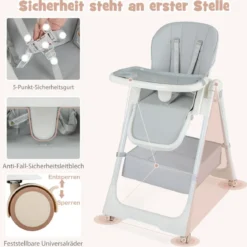 Klappbarer Hochstuhl mit Liegefunktion & Abnehmbarem Doppeltablett Grau