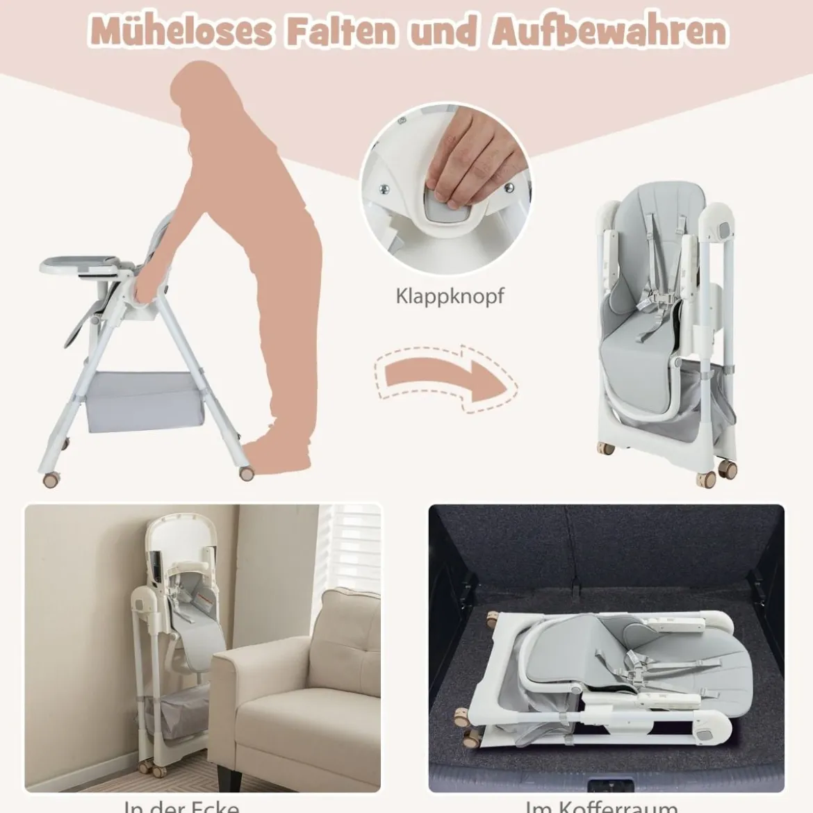 Klappbarer Hochstuhl mit Liegefunktion & Abnehmbarem Doppeltablett Grau