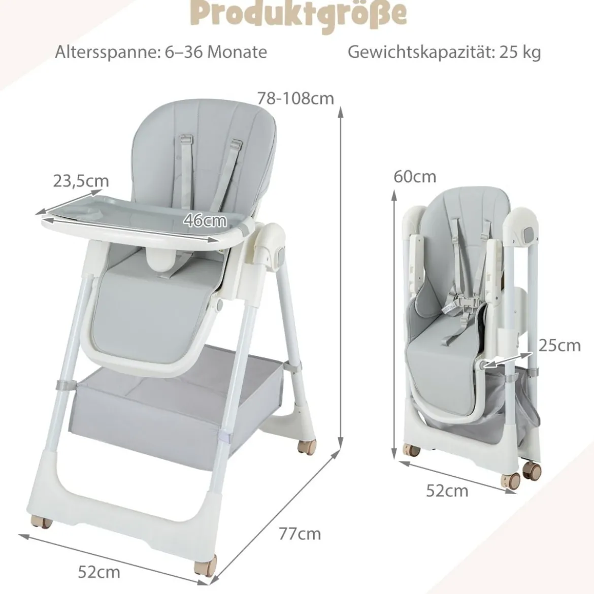 Klappbarer Hochstuhl mit Liegefunktion & Abnehmbarem Doppeltablett Grau