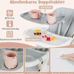 Klappbarer Hochstuhl mit Liegefunktion & Abnehmbarem Doppeltablett Grau