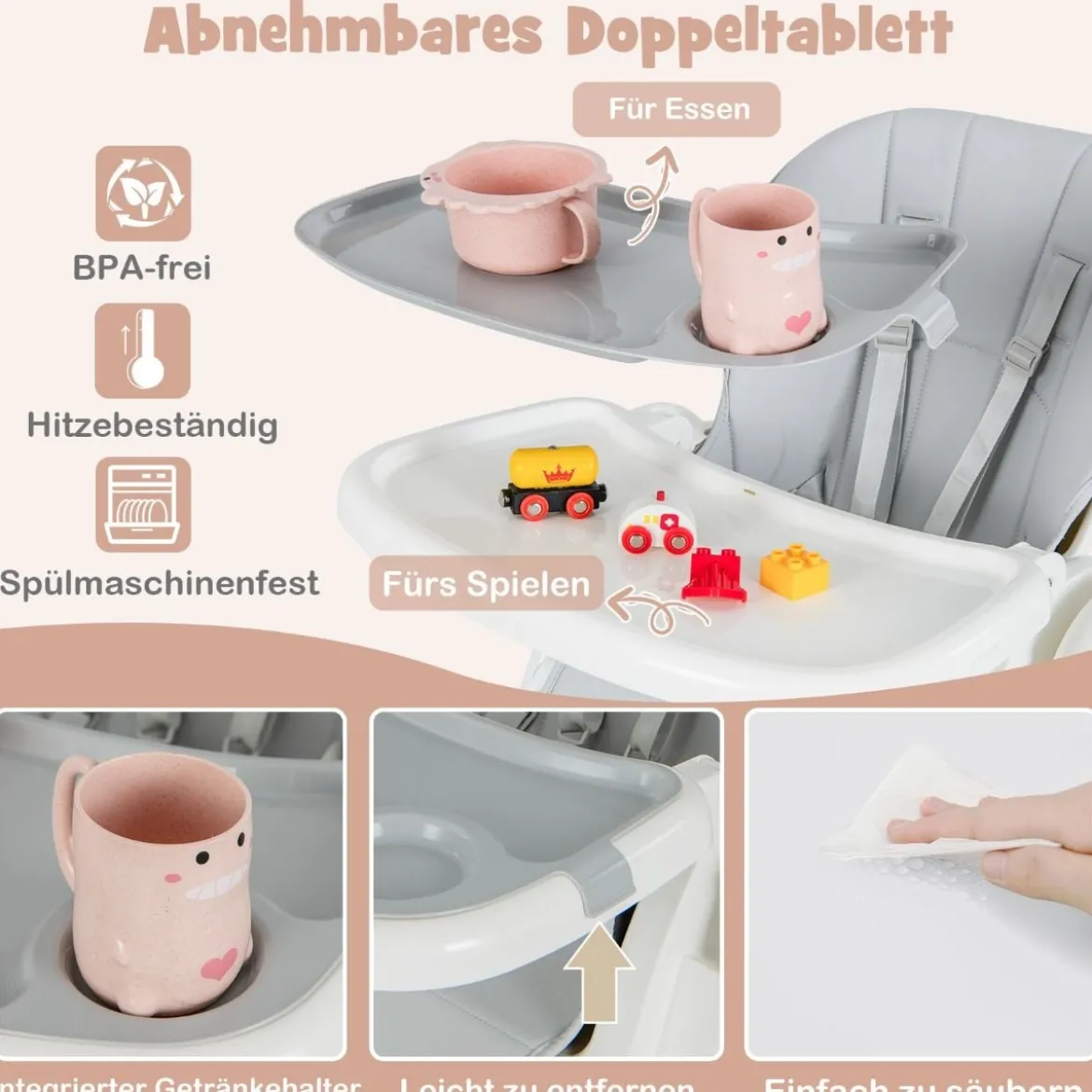 Klappbarer Hochstuhl mit Liegefunktion & Abnehmbarem Doppeltablett Grau