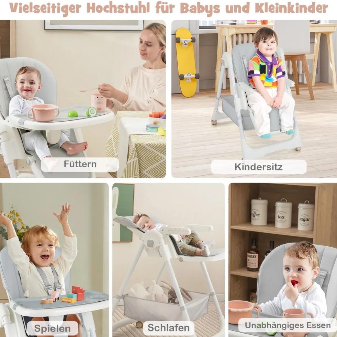 Klappbarer Hochstuhl mit Liegefunktion & Abnehmbarem Doppeltablett Grau