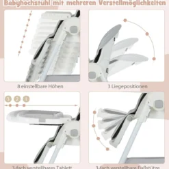 Klappbarer Hochstuhl mit Liegefunktion & Abnehmbarem Doppeltablett Grau