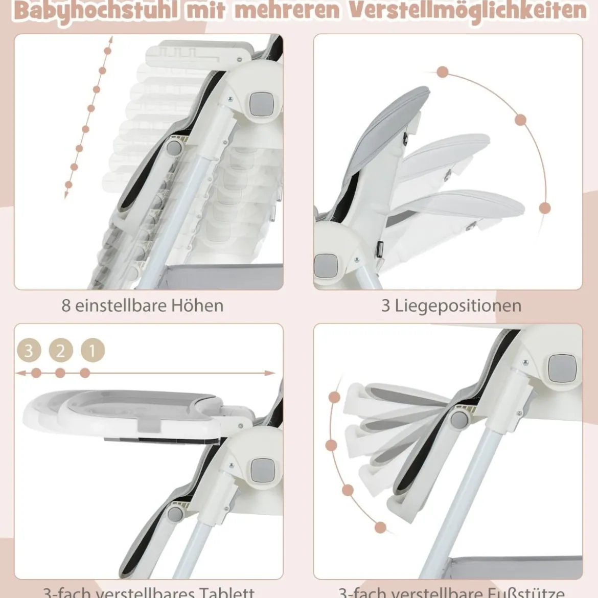 Klappbarer Hochstuhl mit Liegefunktion & Abnehmbarem Doppeltablett Grau