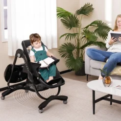 Klappbarer Hochstuhl mit Rädern & Verstellbarer Höhe & Fußstütze & Rückenlehne Babysitz Schwarz
