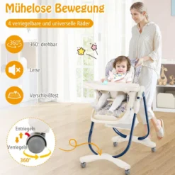 Klappbarer Hochstuhl mit Rädern & Verstellbarer Höhe & Fußstütze & Rückenlehne Babysitz Marineblau