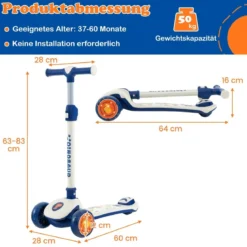 Klappbarer Kinder Roller mit PU LED Rädern & Hinterbremse Höhenverstellbarer Scooter Weiß