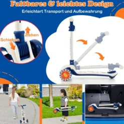 Klappbarer Kinder Roller mit PU LED Rädern & Hinterbremse Höhenverstellbarer Scooter Weiß