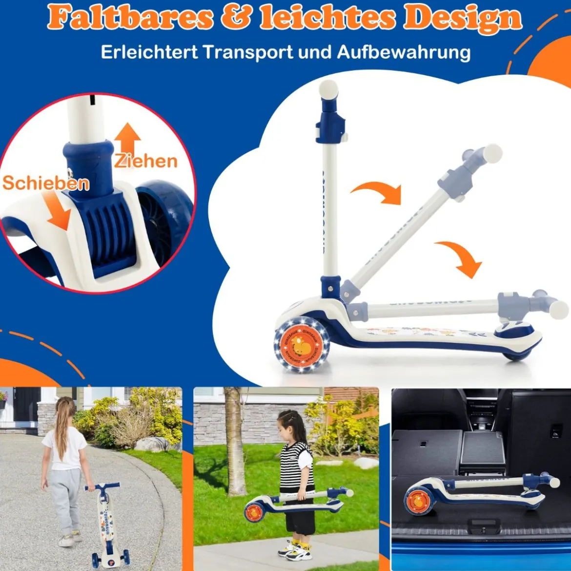 Klappbarer Kinder Roller mit PU LED Rädern & Hinterbremse Höhenverstellbarer Scooter Weiß