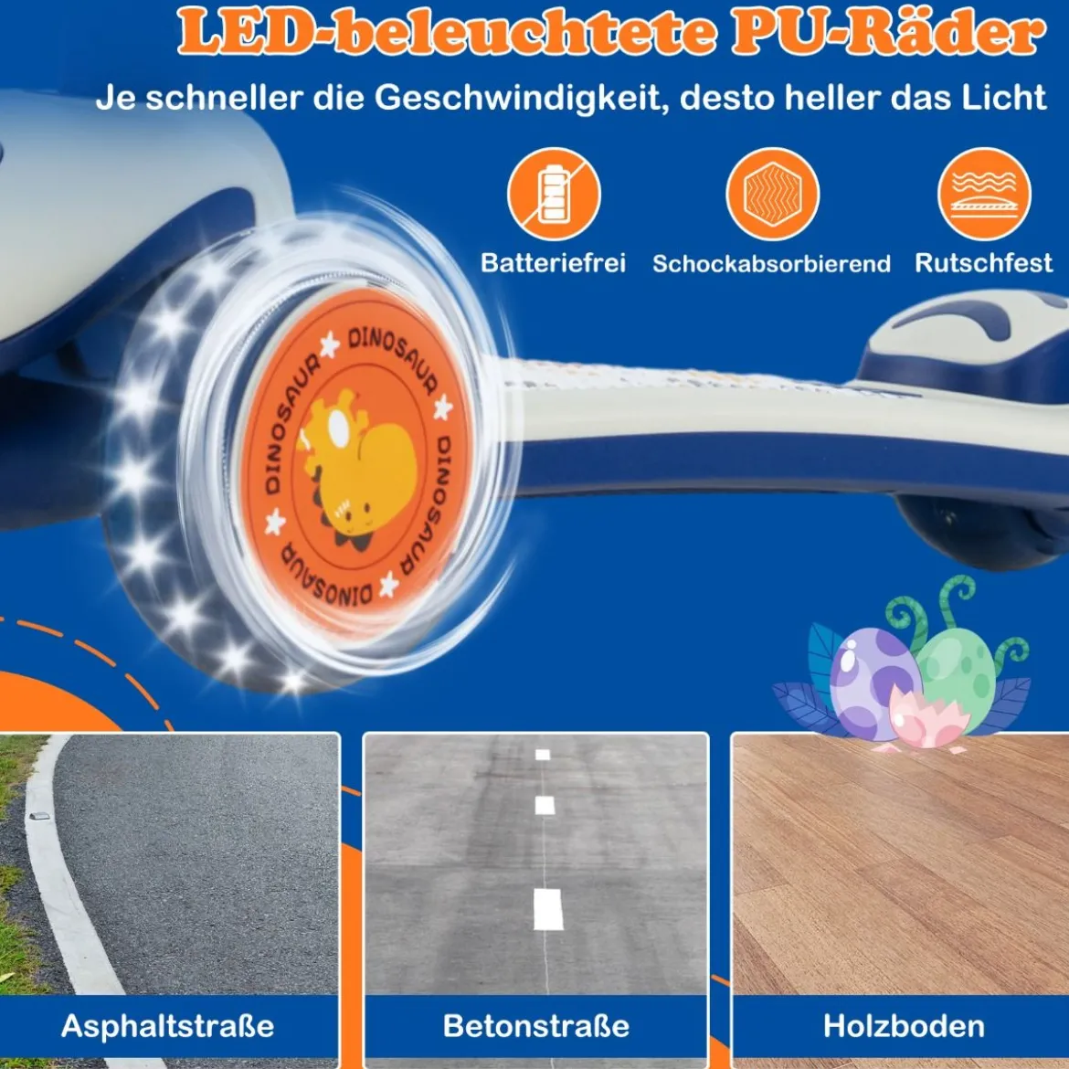 Klappbarer Kinder Roller mit PU LED Rädern & Hinterbremse Höhenverstellbarer Scooter Weiß