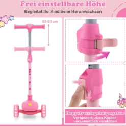 Klappbarer Kinder Roller mit PU LED Rädern & Hinterbremse Höhenverstellbarer Scooter Rosa
